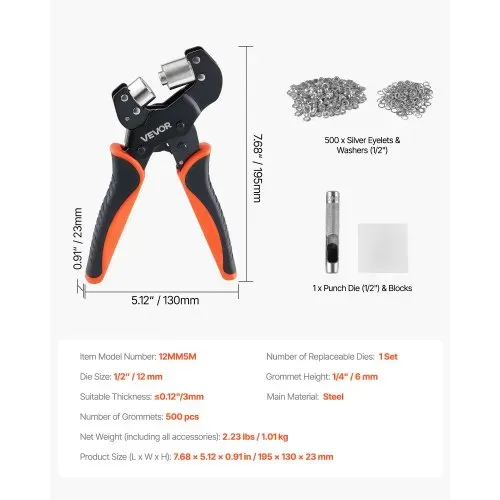 VEVOR Ösenzange Set mit 500 tlg. Ø12mm-Ösen Magnetische Ösenpresse, Ösenstanze aus Stahl mit Magnetkopf Rutschfester Griff Geeignet für Leder Planen Schuhe Bastelarbeiten & Stoff – Bild 6