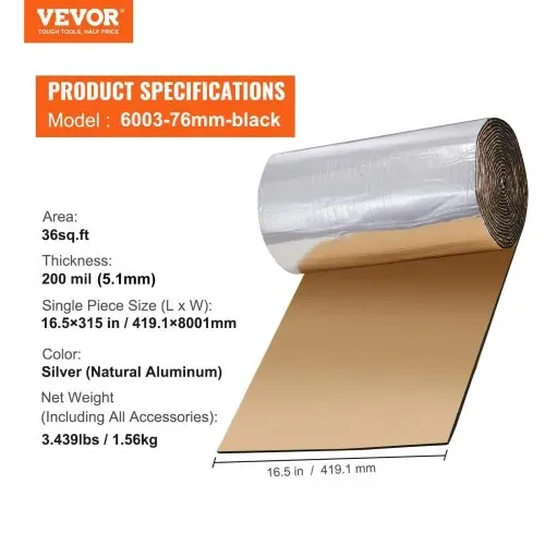 VEVOR Dämmmatte Auto 3,3m² Antidröhnmatte 419,1x8001mm Fahrzeugdämmung 200mil(5mm) Stärke Aluminium-Folie Schallschutzmatte Hitzebeständig Lärmschutz Akustikdämmung Geräuschdämmung – Bild 6