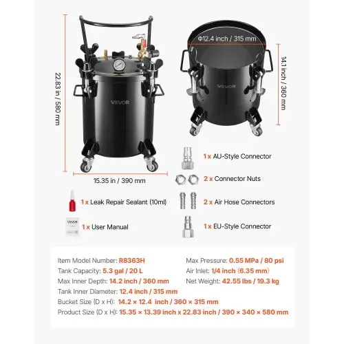 VEVOR Druckbehälter für Sprühfarbe, 20 L Drucktank aus Stahl mit 2 Anschlüssen (EU/AU) für Heimgebrauch Heimwerkerarbeiten Kunstkreationen, Farbbehälter mit großem Durchmesser & 4 Rollen – Bild 6