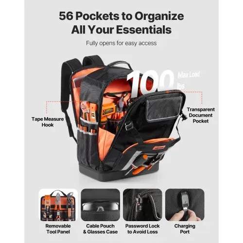 VEVOR Werkzeugrucksack, 56 Taschen, Werkzeug-Aufbewahrungstaschen mit geformtem Boden, Werkzeugtasche, Baustellenrucksack für Baustellen, Elektriker, Industrie, Reparaturen & Heizungstechniker VEVOR Werkzeugrucksack, 56 Taschen, Werkzeug-Aufbewahrungstaschen mit geformtem Boden, Werkzeugtasche, Baustellenrucksack für Baustellen, Elektriker, Industrie, Reparaturen & Heizungstechniker
