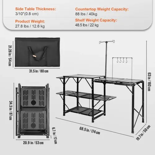 VEVOR Campingküche Outdoor Camping Küche 174 x 50 x 160 cm, Reiseküche Zeltschrank Zusammenklappbar 40 + 22 kg Klappbarer Campingtisch Küchenbox Arbeitsplatte Platz für die Spüle Tragetasche Shwarz – Bild 6