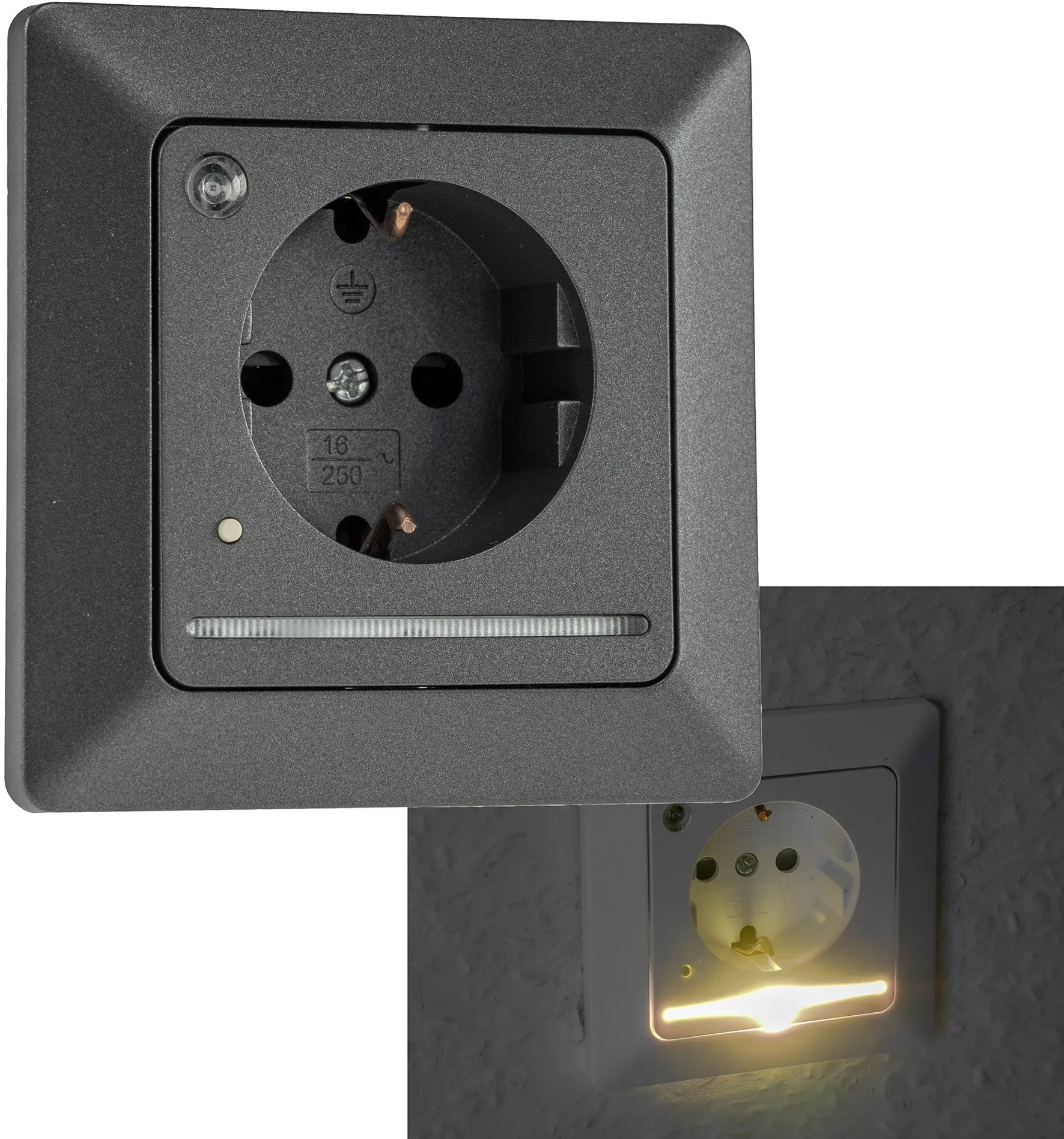 MILOS Schutzkontakt-Steckdose mit LED anthrazit, 250V~/ 16A, Licht mit Sensor MILOS Schutzkontakt-Steckdose mit LED anthrazit, 250V~/ 16A, Licht mit Sensor