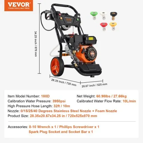 VEVOR Benzin-Hochdruckreiniger, 3950 PSI 10 L/min, 2,6 GPM Terrassenreinger mit Kupferpumpe, Hochdruckpistole & Verlängerungsstab, 5-Düsen-Set, für Autos, Zäune, Häuser, Einfahrten, Terrassen – Bild 6