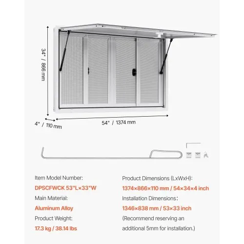 VEVOR Imbissfenster (1346 x 838 mm Einbaumaß) schwenkbar, Imbissanhänger-Servierfenster mit 85°-Öffnungswinkel & 4 Schiebefenstern, Konzessionsfenster für Konzessionsstände Imbisswagen – Bild 6