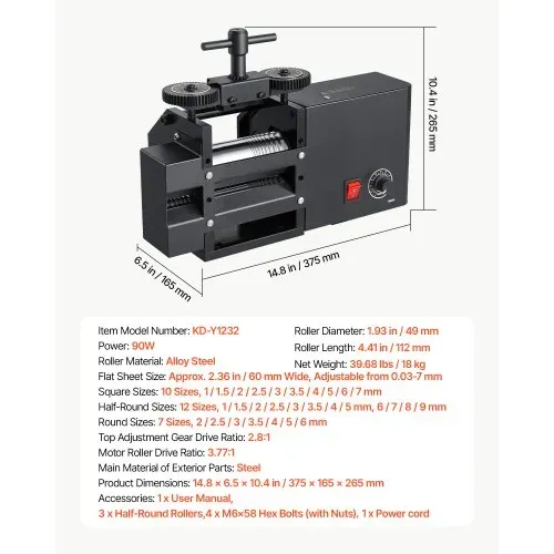 VEVOR Schmuckwalzwerk Elektrisch 60 mm 4-in-1 Rund Flach Vierkant Halbrund, Werkzeug für DIY-Schmuckhersteller, Einstellbare Dicke 0,03–7 mm, zum Pressen von Duktilen Metallen wie Gold Silber Kupfer – Bild 6
