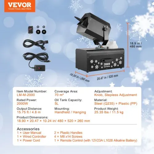 VEVOR Schneemaschine, 2000 W, Swing-Schneemaschine mit 5-L-Tank, kabelgebundene & kabellose Fernbedienung zur Schneeflockenherstellung, Kunstschneemaschine für Weihnachtsfeiern, Hochzeitsbühneneffekte – Bild 6