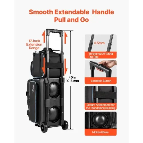 VEVOR 1 Bowlingtasche mit Rollen + 1 Bowlingtasche (Mini) für 2+1 Kugeln aus 600D Oxford Blau Schwarz, für Schuhe bis US-Größe 16, mit Teleskopgriff (bis zu 1016 mm) und Doppellagigen Ablagen – Bild 5
