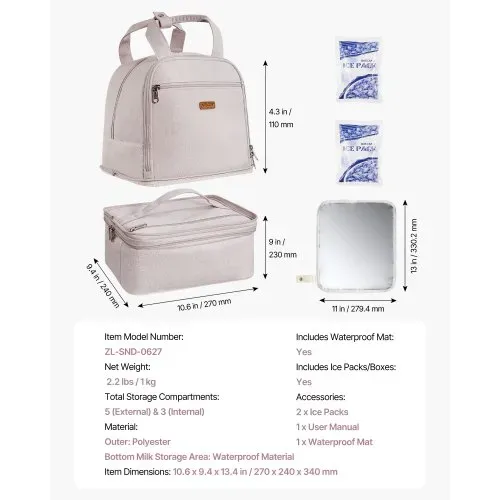 VEVOR Milchpumpen-Rucksack, 270x240x340 mm, mit Kühlakku, passend für S1/S2, Pumpzubehör & Muttermilchaufbewahrung, Wickel Rucksack für Arbeit, Reisen & Familiengebrauch, Hellrosa – Bild 6
