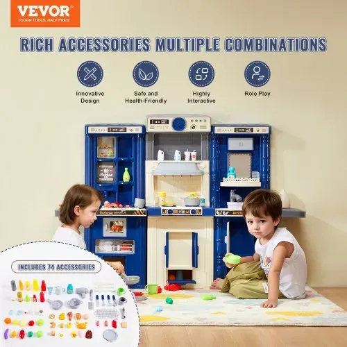 VEVOR Kinderküchen-Spielset, 3-in-1-Kleinkinderküche mit simuliertem Sprühnebel, Geräuschen und Lichtern, Spielküchenset mit 74-teiligem Kochzubehörset für Kleinkinder, Vorschulkinder, Kinder im Alter von 3–8 Jahren, Blau VEVOR Kinderküchen-Spielset, 3-in-1-Kleinkinderküche mit simuliertem Sprühnebel, Geräuschen und Lichtern, Spielküchenset mit 74-teiligem Kochzubehörset für Kleinkinder, Vorschulkinder, Kinder im Alter von 3–8 Jahren, Blau