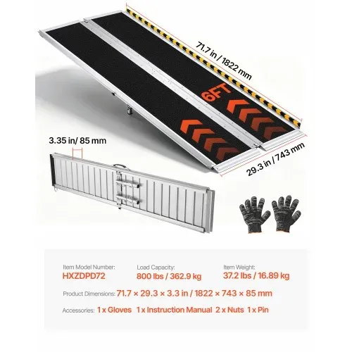 VEVOR Rollstuhlrampe Faltbar 1830x745mm, 362,9kg Belastbare Schwellenrampe mit Rutschfester Oberfläche & 110-210mm Verstellbaren Stützfüßen, Tragbare Auffahrrampe für Rollstuhl Türschwelle Bordsteine – Bild 6