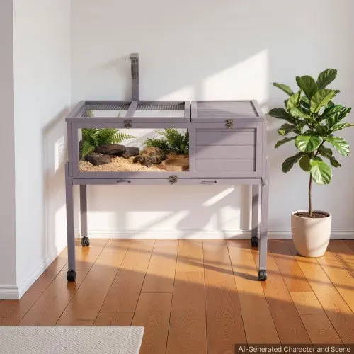 VEVOR Schildkrötenhaus Schildkrötengehege Reptilienkäfig 1000x603x770 mm, für Schildkröten, Tannenholz, mit 2 Räumen Rolle Ausziehbarer Ablage Lampenständer Aufklappbarem Deckel & Acryl-Sichtfenster – Bild 7