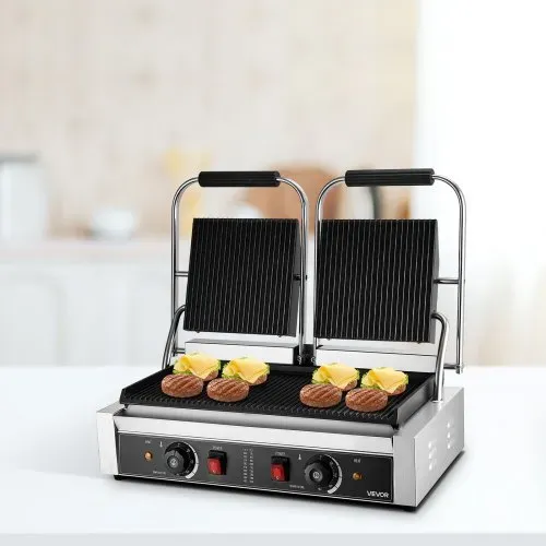 VEVOR kommerzieller Kontaktgrill 3600 W Elektrogrill Sandwichmaker (Doppelbackplatten) Panini Presse aus Edelstahl mit Temperaturregelung, 48 x 23 cm gerillte Emailleplatte für Hamburger Steak Speck – Bild 7