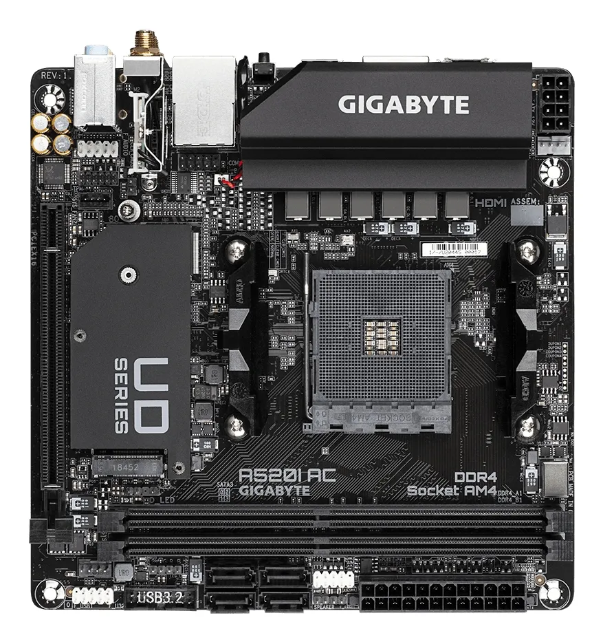 GIGABYTE A520I AC Motherboard - Unterstützt AMD Ryzen 5000 Series AM4 CPUs, 6 Phasen Digital VRM, bis zu 5300MHz DDR4 (OC), 1xPCIe 3.0 M.2, WIFI, GbE LAN, USB 3.2 Gen1 – Bild 2