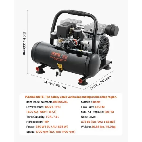 VEVOR-Luftkompressor, 1 Gallone Stahltank, 1 PS 1,5 CFM 7 Bar ölfreier Luftkompressor & max. 120 PSI Druck, 68 dB ultraleiser tragbarer Kompressor, für Autoreparatur, Reifenbefüllung, Spritzlackierung – Bild 6