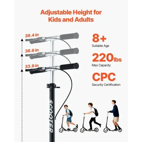 VEVOR Scooter (2 Räder) für Kinder ab 8 Jahren, Cityroller Kinderroller Straßenroller mit höhenverstellbarem Lenker & rutschfestem Deck & Handbremse, Tretroller bis zu 100 kg, Schwarz + Silber VEVOR Scooter (2 Räder) für Kinder ab 8 Jahren, Cityroller Kinderroller Straßenroller mit höhenverstellbarem Lenker & rutschfestem Deck & Handbremse, Tretroller bis zu 100 kg, Schwarz + Silber