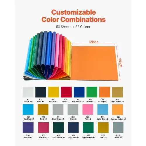 VEVOR Vinylfolie Wärmeübertragung Transferfolie (304,8 x 304,8 mm) 50 Blätter, verschiedene Farben, Plotterfolie kompatibel mit Schneidemaschinen, Aufbügelfolie für T-Shirts Kissen Hüte – Bild 5