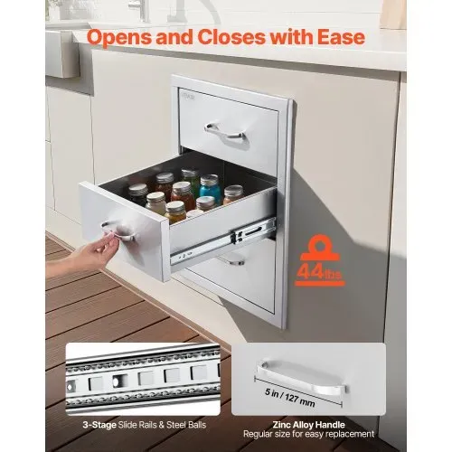 VEVOR Outdoor Küchenschubladen 46x59x59 cm (BxTxH), Dreifach-Grillschubladen aus Edelstahl mit Griffen, Grillschubladen für Außenküche oder Grillinsel-Terrassengrillstation Schubladenschrank – Bild 3