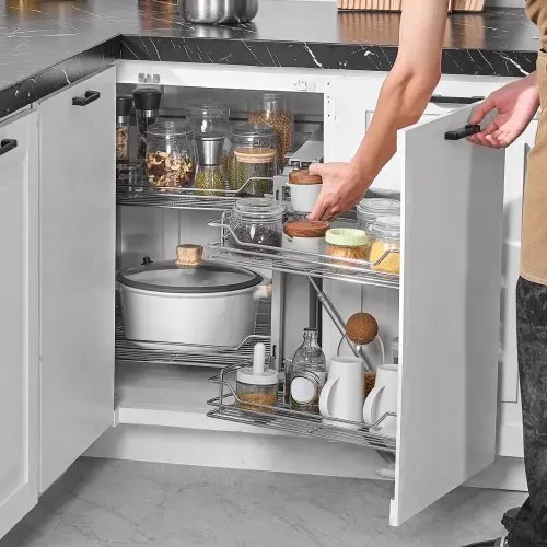 VEVOR Küchenschrank-Organizer mit 2 Ebenen & 4 Ablagen, Aufbewahrungskorb aus verchromtem Karbonstahl, Aufbewahrungs-Organizer, links und rechts zu öffnen, min. Türöffnungsbreite 60 cm – Bild 7
