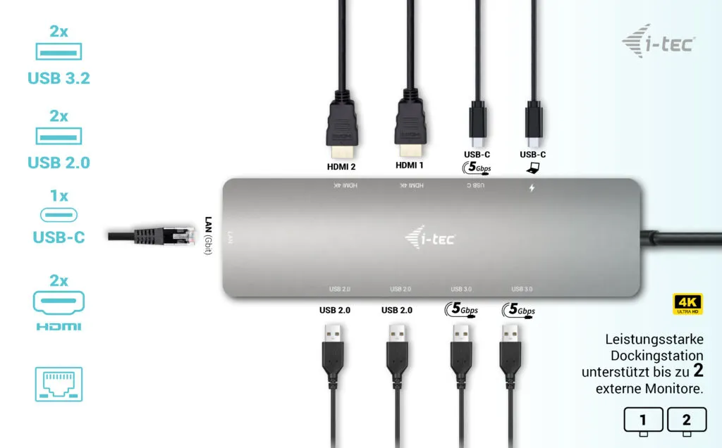 i-tec Metal USB-C Nano 2x Display Docking Station with PD 100 W + Charger 100W – Bild 7