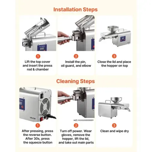 VEVOR Elektrische Ölpresse 3,75 kg/h, Ölmühle 750 W, Automatische Ölpressmaschine mit Heißpressung von 50 °C bis 300 °C, Ölmaschine Geeignet für Erdnüsse, Sesam, Sojabohnen und Mandeln, Edelstahl – Bild 6