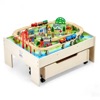 VEVOR Holz Aktivitätstisch, 100-teilig, Eisenbahntisch mit rollender Schublade, 3-in-1-Holzeisenbahn-Set zum Spielen, Malen, Lesen, Essen, kreatives Spielzeug-Set für Kinder ab 3 Jahren VEVOR Holz Aktivitätstisch, 100-teilig, Eisenbahntisch mit rollender Schublade, 3-in-1-Holzeisenbahn-Set zum Spielen, Malen, Lesen, Essen, kreatives Spielzeug-Set für Kinder ab 3 Jahren