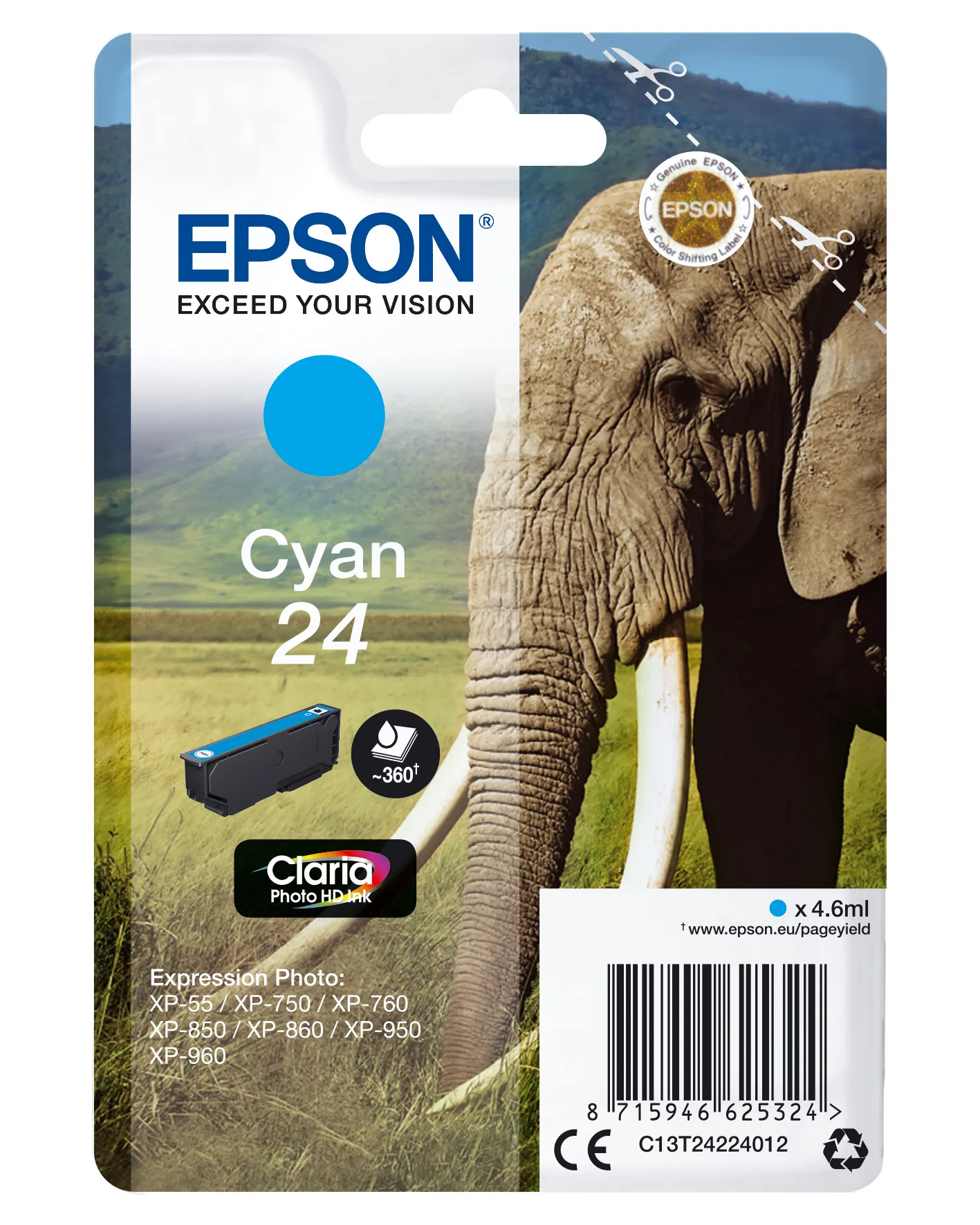 Epson Elephant Singlepack Cyan 24 Claria Photo HD Ink Epson Elephant Singlepack Cyan 24 Claria Photo HD Ink