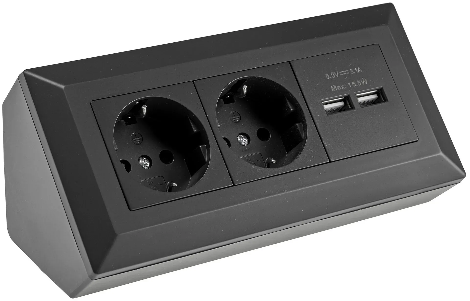 2-fach Steckdosenblock + 2x USB, schwarz 250V~/ 16A, Aufbaumontage, USB 3,1A 2-fach Steckdosenblock + 2x USB, schwarz 250V~/ 16A, Aufbaumontage, USB 3,1A