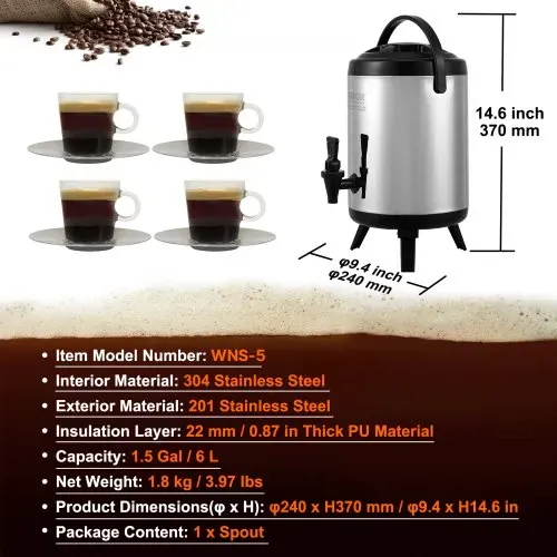 VEVOR Heiß- und Kaltgetränkespender Getränkespender 6 L, Edelstahl Heiß- und Kaltwasserbrunnen Großer Getränkespender mit Zapfen für Kaffee, Kalte Milch, Wasser, Saft usw. Isolierkanne 1-2 Personen – Bild 6