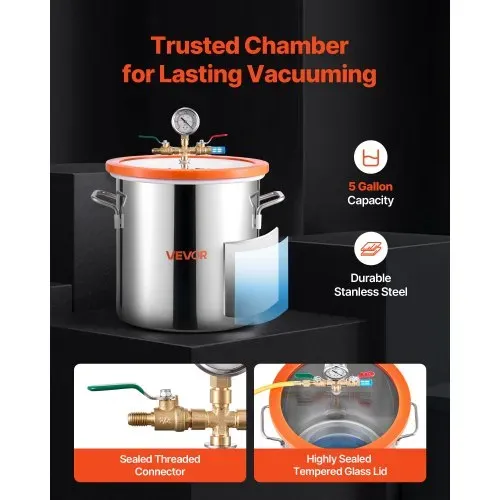 VEVOR Vakuumpumpe mit 18,9 L Vakuumkammer, 3,5 CFM 99 L/min, 180 W, 1-stufige Unterdruckpumpe, Vacuum Pump Kit, 1,5 m Schlauch, zur Stabilisierung von Holz & Entgasung von Silikonharz – Bild 3