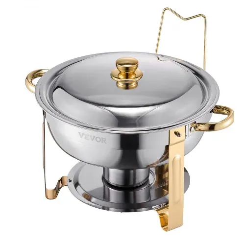 VEVOR Chafing Dish Buffet Speisenwärmer mit 4 Behältern in voller Größe (4,7 L pro), runder Catering-Wärmespender mit Deckel & Wasserpfanne & klappbarer Ständer, für Hochzeiten Partys Golden – Bild 9
