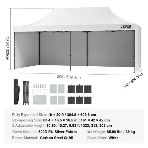 VEVOR Pavillon 304,8x609,6x320cm Gartenzelt 500D PU-Silber-Gewebe Faltpavillon höhenverstellbar inkl. Aufbewahrungstasche Partyzelt 12-16 Personen Pop up Zelt Gartenpavillon für Campingausflug – Bild 6