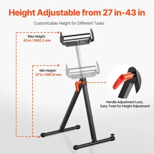 VEVOR 2er-Set Rollenständer, 113kg Tragkraft, höhenverstellbar 68-109cm, klappbarer Arbeitsbock mit Rollenkopf und Kantenführungen aus poliertem Stahl, für Tischkreissägen-Auslauf, Verlängerungsstütze – Bild 2
