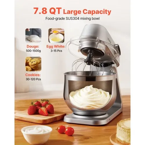 VEVOR Knetmaschine Küchenmaschine zum Backen, 1800 W Teigmaschine mit Edelstahlschüsseln (7,4 L) & Knethaken & Rührbesen & Schneebesen, 10-Gang einstellbare kippbare Rührmaschine Standmixer – Bild 4