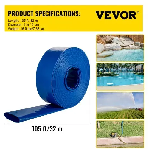 VEVOR Abflussschlauch, 51 mm x 32 m, PVC-Gewebe-Flachschlauch, robuster Rückspül-Ablaufschlauch mit Klemmen, wetterfest und platzsicher, ideal für Schwimmbad und Wassertransfer, blau – Bild 6