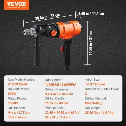 VEVOR Diamant Bohranlage 1500 W Diamantkernbohrmaschine Kernbohrgerät 1100/2400 RPM Kernbohrmaschine Nassbohren, 8-10,2 cm Magnetbohrmaschine Geeignet zum Bohren von Stahlbeton, Marmor usw. – Bild 6