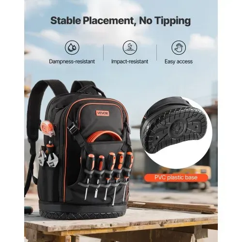 VEVOR Werkzeugrucksack, 65 Taschen, Werkzeug-Aufbewahrungs-Organizer, Backpack mit Laptopfach & geformtem Boden, Baustellenrucksack für Elektriker, Reparaturarbeiter & Heizungstechniker – Bild 4