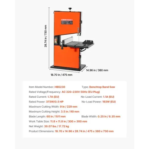 VEVOR Bandsäge, 229 mm, Holzbandsäge mit 373-W-Motor (1/2 PS), 90 mm Schnitthöhe, 300x300 mm Alu-Gusstisch, mit 360°-Arbeitsleuchte, Gehrungsanschlag, Parallelanschlag, für die Holzbearbeitung – Bild 6