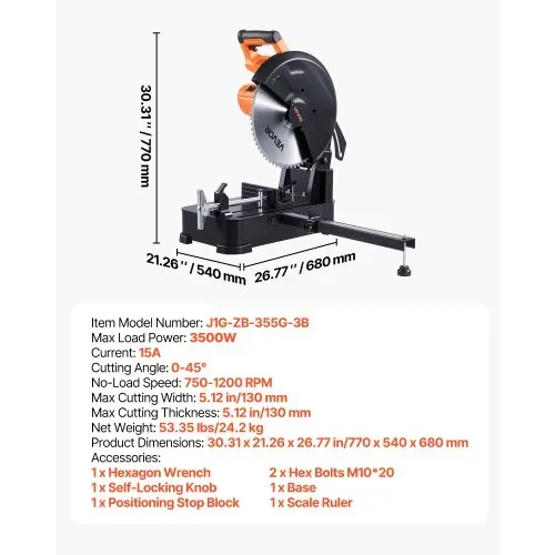 VEVOR Kappsäge Gehrungssäge mit 355 mm Edelstahl-Kaltschnittsägeblatt & 3500 W bürstenlosem Motor & 750–1200 U/min, Metallkappsäge für quadratische & flache Metallrohre, I-förmige Stähle – Bild 6