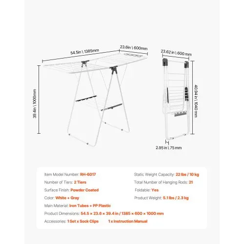 VEVOR Wäscheständer (2-stöckig & faltbar) mit Sockenklammern & 21 Trockenstangen, höhenverstellbare Metall-Trockenständer, freistehender & platzsparender Kleiderbügel für Waschküchen, Balkone – Bild 6