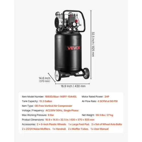 VEVOR Druckluft Kompressor 50 L, Luftkompressor 2 PS, 113 L/min bei 6,2 bar, Max. 8 bar Druck, Ölfreier Tank, Ideal für Autoreparaturen, Reifenbefüllung, Lackierarbeiten, Holzarbeiten & Nageln – Bild 6