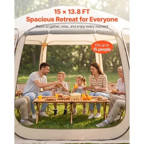 VEVOR Campingzelt, 457,2x420,6x245 cm, Partyzelt für 12–15 Personen, Pop Up Zelt, inkl. Tragetasche, Netz-Seitenwände und Heringen, für Garten, Terrasse und Outdoor-Aktivitäten, Beige – Bild 2