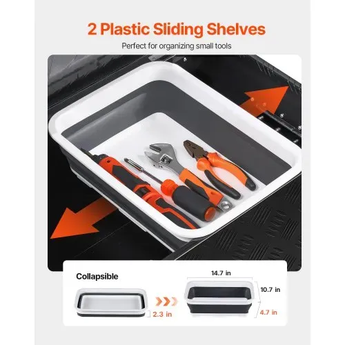VEVOR Werkzeugkasten aus Aluminium für die Ladefläche, gestreifte Werkzeugkiste (899 x 370 x 370 mm) mit seitlichem Griff & ausziehbarem Regal, Aufbewahrungs-Organizer für Anhänger Schwarz – Bild 2