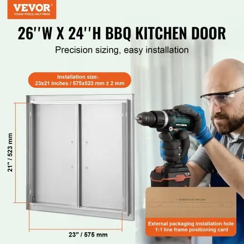 VEVOR Grill-Zugangstür, 660 x 609 mm, Doppelte Außenküchentür, Flächenbündig Montierte Edelstahltür, Vertikale Wandtür mit Griffen, für Grillinsel, Grillstation, Außenschrank VEVOR Grill-Zugangstür, 660 x 609 mm, Doppelte Außenküchentür, Flächenbündig Montierte Edelstahltür, Vertikale Wandtür mit Griffen, für Grillinsel, Grillstation, Außenschrank