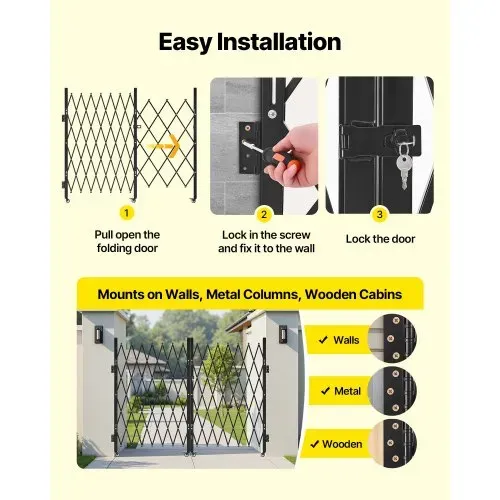 VEVOR Sicherheitstor abschließbar, doppelt klappbares Scherentor mit 360°-Lenkrollen, einziehbare Stahltore Outdoor, für Eingangssicherheit Garage Lager, Falttor 3700 x 1605 mm (B x H) Schwarz – Bild 4