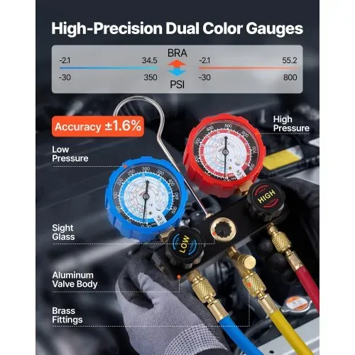 VEVOR AC Klimaanlagen-Manometer-Set für R134a R404A R1234y R22 Kältemittel, 3-Wege-Manometer mit 1,5-m-Schläuchen & Adaptern & Schnellkupplungen & Dosenanschlüssen Geeignet für Kfz-Klimaanlagen – Bild 3