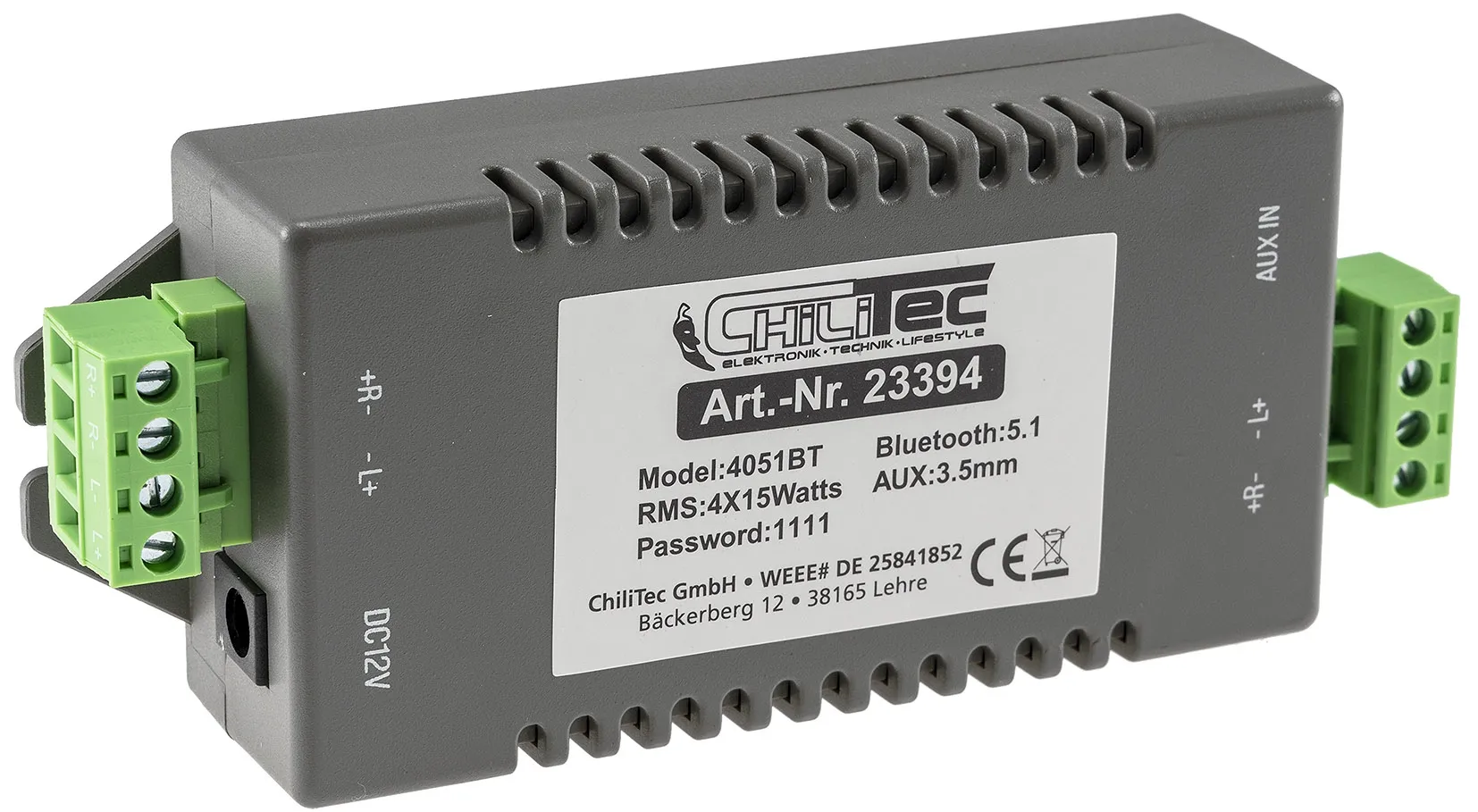 Bluetooth Receiver m. 4-Kanal Verstärker 4/8Ohm, 4x15W, 12V/4A, 3,5mm AUX-In Bluetooth Receiver m. 4-Kanal Verstärker 4/8Ohm, 4x15W, 12V/4A, 3,5mm AUX-In