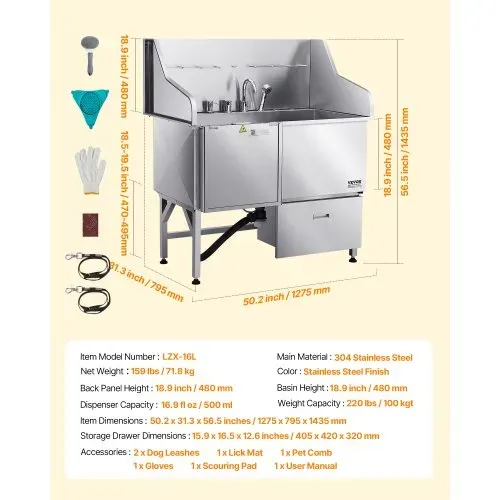 VEVOR 304 Edelstahl-Hundewaschstation, 127 cm große Pflegebadewanne mit rutschfester, flacher Rampe, Schublade, Warm- und Kaltwasserhahn, All-in-One-Badewanne für Pflegesalons, für alle Größen geeignet (linke Tür) – Bild 6