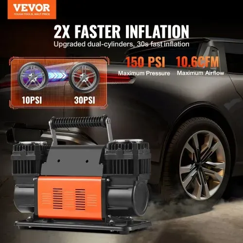 VEVOR 10,6 CFM Hochleistungs-Luftkompressor, 30 s schnelles Aufpumpen | Tragbarer Reifenfüller mit zwei Zylindern, 12 V 150 PSI Offroad-Luftpumpe mit Adaptern für LKWs, Autos, SUVs, 4 x 4-Fahrzeuge, Wohnmobile VEVOR 10,6 CFM Hochleistungs-Luftkompressor, 30 s schnelles Aufpumpen | Tragbarer Reifenfüller mit zwei Zylindern, 12 V 150 PSI Offroad-Luftpumpe mit Adaptern für LKWs, Autos, SUVs, 4 x 4-Fahrzeuge, Wohnmobile