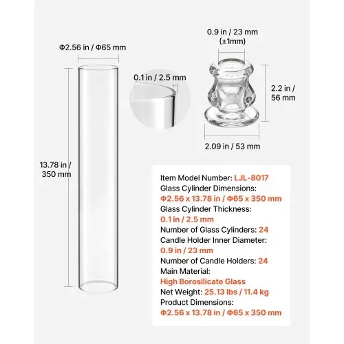 VEVOR 24 Stk. Glaszylinder für Kerzen Set, Hurricane Kerzenhalter 65x350mm, Kerzengläser aus Borosilikatglas, Kerzenschatten Bodenlos, Windfeste Kerzenhalterhülle für Hochzeit Weihnachten Party Deko – Bild 6