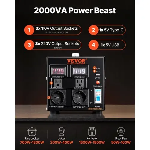 VEVOR 2000W Spannungswandler Transformator AC 110V⇋220V Transformer Wandler 2x US NEMA 5-15R 3-polige/2x standardmäßige europäische Shucko-Ausgangssteckdosen, 1x 5V-USB-Anschluss, 1x Typ-C-Buchse VEVOR 2000W Spannungswandler Transformator AC 110V⇋220V Transformer Wandler 2x US NEMA 5-15R 3-polige/2x standardmäßige europäische Shucko-Ausgangssteckdosen, 1x 5V-USB-Anschluss, 1x Typ-C-Buchse